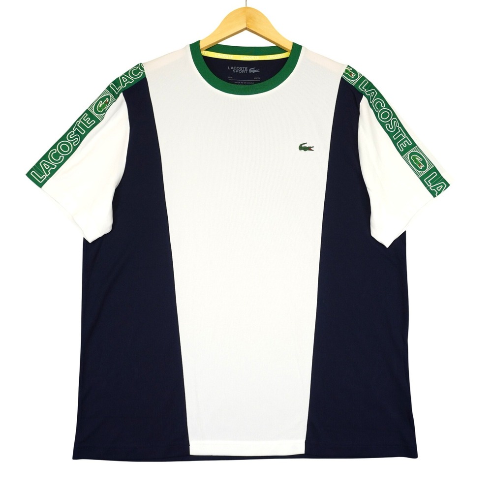 Lacoste Sport T-Shirt Mens XL White Navy Green Ultra Dry Colorblock Tennis Tape
